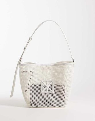 Calvin Klein Jeans - Borsa a secchiello intrecciata bianca con logo e pochette-Bianco