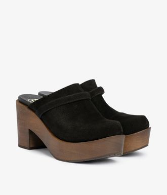 Pedro Garcia Midi heel wood clog in black suede | Della | Fall winter 25 | PEDRO GARCIA