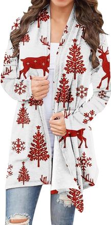 Generic White Christmas Cardigans for Women UK Plus Size Open Front Coats Xmas Patterned Festival Tops Ladies Long Sleeve Sweater Tops Snowflake Reindeer Sant