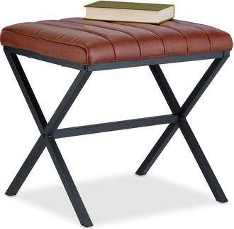 Relaxdays Sgabello Pouf, Poggiapiedi Imbottito, Finta Pelle e Metallo, Stile Industriale, hlp: 46x47x42 cm, Nero Marrone - Relaxdays