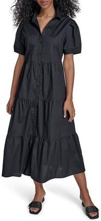 Calvin Klein Short Sleeve Cotton Tiered Maxi Dress in Black at Nordstrom Rack, Size 10