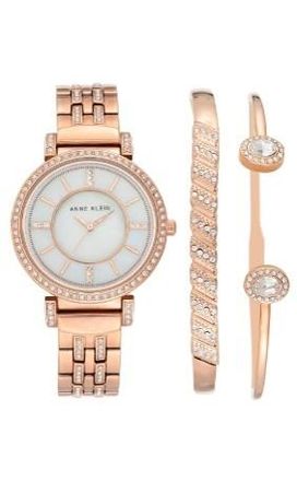Anne Klein Quartz Ladies Premium Crystal Accented Bangle Watch and Bracelet Set AK-3628RGST