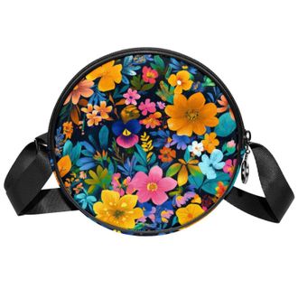 Generic Circle Crossbody Bag for Women, Aesthetic Flowers Small Sling Bag Daypack with Zipper Adjustable Shoulder Straps Casual Ladies Girls Round Purse