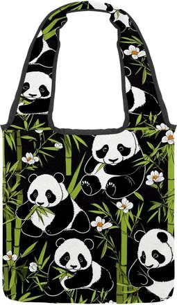 Generic Cute Cartoon Panda Reversible Canvas Shoulder Tote - Double-Sided Print, 12oz Cotton, 27cm Drop, Fold-Flat Bag for Travel, Shopping, Street Outings