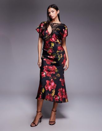 Asos Vestito lungo in raso bordeaux a fiori con taglio sbieco e maniche a kimono con applicazioni in pizzo-Multicolore