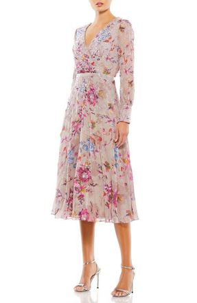 Mac Duggal Long Sleeve Embellished Floral Midi Dress in Mauve Multi at Nordstrom, Size 10