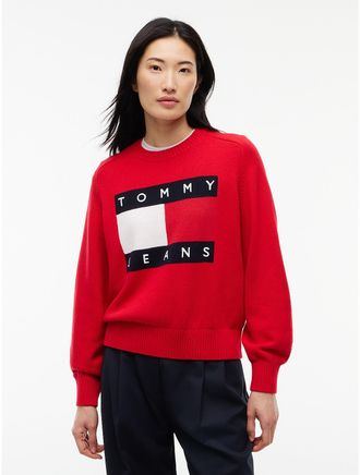 Tommy Hilfiger Womens Tommy Jeans Intarsia Flag Logo Sweater - Lavish Red - XS