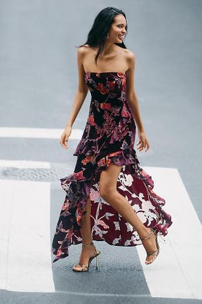 endless rose Strapless Ruffled Velvet High-Low Dress