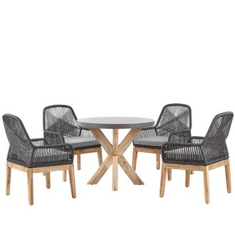 Beliani Conjunto De Comedor Para Jard&iacute;n Cemento Reforzado De Madera Gris Claro Para 4 Personas Mesa Redonda Sillas Negras Dise&ntilde;o Moderno Olbia