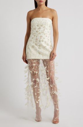 Delfi Salma Bead & Feather Strapless Gown in Cream at Nordstrom, Size X-Large