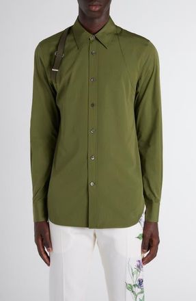 Alexander McQueen Logo Tape Harness Stretch Cotton Button-Up Shirt in Military Green at Nordstrom, Size 16.5