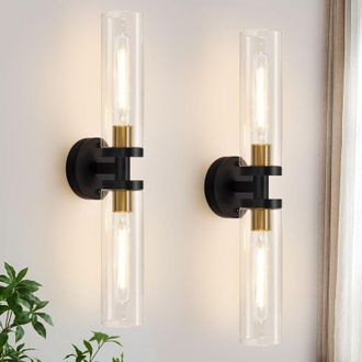 OEM Juego De Dos Apliques De Pared De 56 Cm En Negro Y Dorado Con Cristal Transparente. L&aacute;mparas De Pared Modernas Con Cableado. Ideales Para Ba&ntilde;o, Espejo