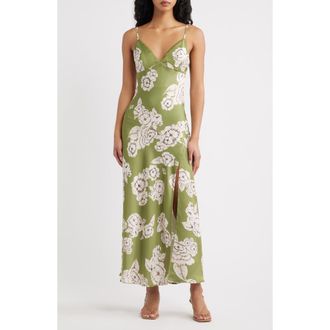 Lulus Carreta Floral Print Maxi Slipdress in Chartreuse Multi at Nordstrom, Size X-Large