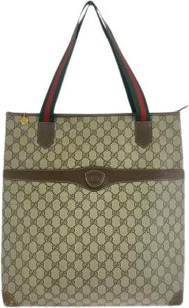 Gucci Pre-owned GG Supreme Canvas Leather Shoulder Tote Bag - Dames - Vintage Shopper - Beige - ONE Size - Leer - Vintage