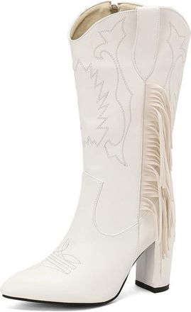 Generic Womens Mid-Calf Fringe Cowboy Boots with Embroidered Western Design, Chunky Block Heel,White,7.5 UK
