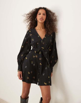 Nobody's Child Shannon long sleeve mini dress in black ditsy
