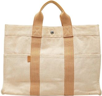 Herm&egrave;s Beige Orange Cotton Handbag Tote Bag (Pre-Owned)