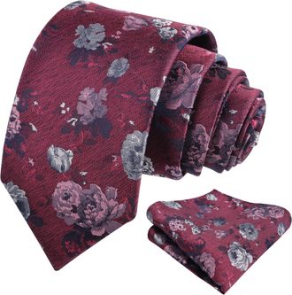 Alizeal Mens Floral Pattern Tie with Pocket Square Classic Casual for Party Wedding Necktie and Hanky Set, Burgundy+Pink