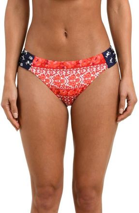 Sunshine 79 Flowers & Stripes Shirred Side Hipster Bikini Bottoms in Red Multi at Nordstrom, Size 12