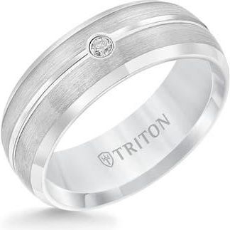 Triton 8MM Tungsten Carbide Rings with Single Diamond Center and Domed Bevel Edge in Metallic Silver at Nordstrom, Size 12.5