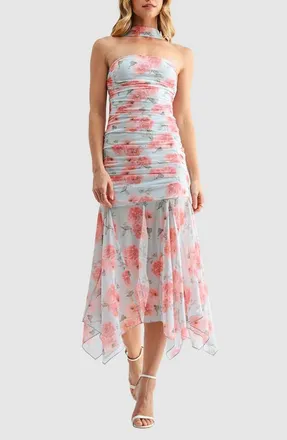 All in Favor Floral Ruched Drop Waist Midi Dress with Removable Scarf in Blue Mauve Floral at Nordstrom, Size Medium