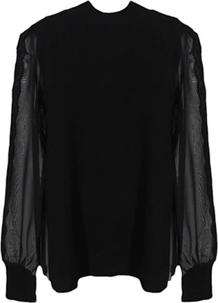 Twinset Transparante longsleeve geribbelde top - Dames - Ronde hals truien - Zwart - S - Truien & Vesten