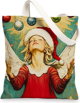 Generic Vintage Christmas Angel Canvas Tote Bag for Shopping 13x15, Aesthetic Retro Xmas Balls Reusable Grocery Print Bag for Women, Holiday New Year Beach Ae