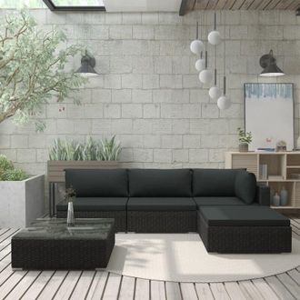 vidaXL vidaXL Set Divani da Giardino 5 pz con Cuscini in Polyrattan Nero