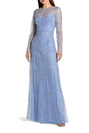 Mac Duggal Beaded Mesh High Neck Long Sleeve A Line Gown in Periwinkle at Nordstrom, Size 16
