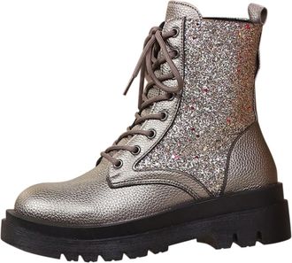 Generic Womens Combat Platform Boots, Glitter Ankle Lace-Up, Black Synthetic Leather, Round Toe, Chunky Lugged Sole, British Style, Autumn Retro