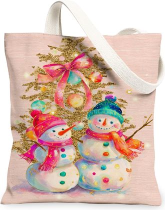 Generic Christmas Snow Man Canvas Tote Bags, Winter Character Design Reusable Bags, Holiday Vintage Lightweight Washable Shoulder S, Peach, 13x15 Inch