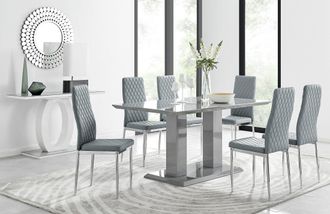 Furniturebox Imperia Grey Modern High Gloss Dining Table & 6 Milan Dining Chairs Set