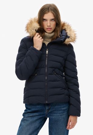 Superdry Steppjacke SUPERDRY FUJI FAUX FUR HOOD PADDED JKT, Damen, Gr. XXL, blau (eclipse navy), Web, Obermaterial: 100% Polyester, unifarben, slim fit, Jacken