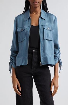 Cinq &agrave; Sept Dale Ruched Sleeve Cupro Satin Jacket in Midnight Rain at Nordstrom Rack, Size 2