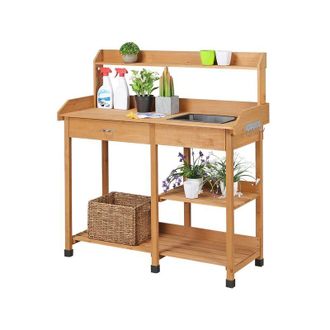 Yaheetech Yaheetech - Mesa De Trabajo Jard&iacute;n Para Plantaci&oacute;n Con Terraza Balc&oacute;n Gancho Fregadero Caj&oacute;n 114.8x45x121 Cm Color Madera Natural