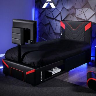 X Rocker Cerberus Twist TV Bed with Underbed Storage, Upholstered, up to 40 TV in Dark Red | Size: Single