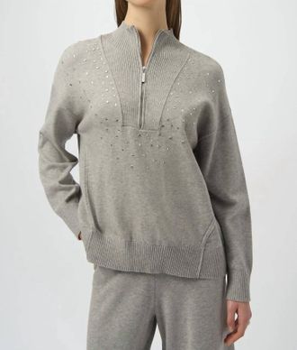 Joseph Ribkoff Embellished Zipped Mockneck Pullover Sweater In Grey Melange