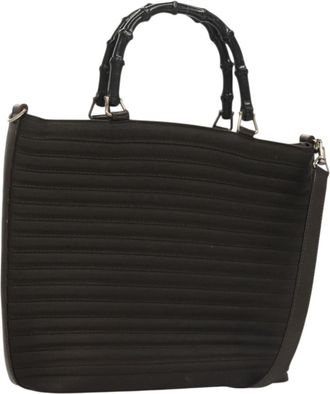Gucci Vintage Bamboo Handle Bag Nylon Brown Nylon Handbag (Pre-Owned)