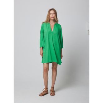 Majestic Filatures Stretch Linen 3/4 Sleeve Tunic Dress in Apple Green at Nordstrom, Size 2