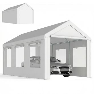 OUTSUNNY Garaje Exterior Para Coche 3x6 M Con 2 Puertas Enrollables Y 6 Ventanas De Malla, Altura Ajustable, Marco Acero Galvanizado, Upf30+, Blanco