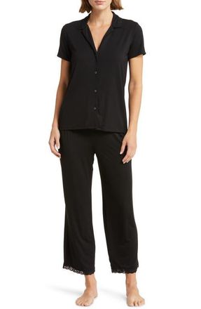 Natori Feathers Lace Trim Jersey Pajamas in Black at Nordstrom, Size X-Small