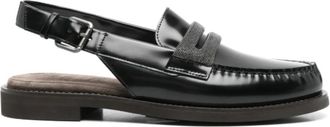 Brunello Cucinelli Zwarte leren slingback loafers met kettingdetail - Dames - Loafers - Zwart - 38 1/2 EU - Leer - Schoenen