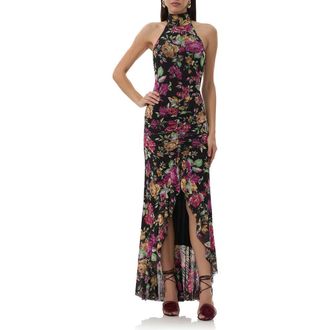 AFRM Mirella High-Low Mesh Halter Dress in Dusted Floral at Nordstrom Rack, Size X-Large