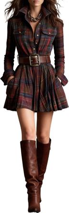 Generic Womens Button-Down Short Plaid Retro Dress, Elegant and Casual Long-Sleeved mini Dress. (Reddish-Brown,M)