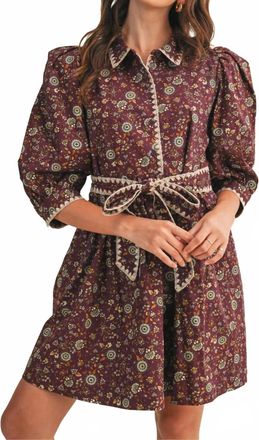 Merci Blanket Stitch Floral Mini Dress In Plum