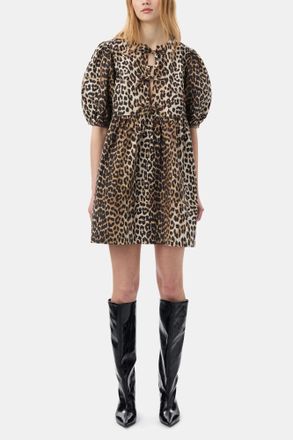 Ganni Mixed Leopard Printed Cotton Tie String Mini Dress - Size 32 Organic