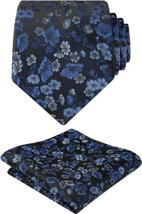 Alizeal Mens Floral Patterned Tie with Pocket Square Stylish Unique for Business Wedding Party Necktie Set, Black+Navy