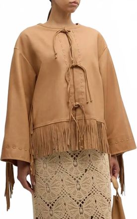 By Malene Birger Zoena Tie Front Fringe Leather Jacket In Tan