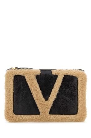 Valentino Garavani Two Tone Shearling V Logo Signature Clutch