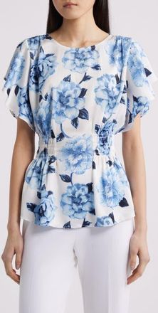 Anne Klein Flutter Sleeve Smock Waist Top in Crisp White Multi at Nordstrom, Size Xx-Small